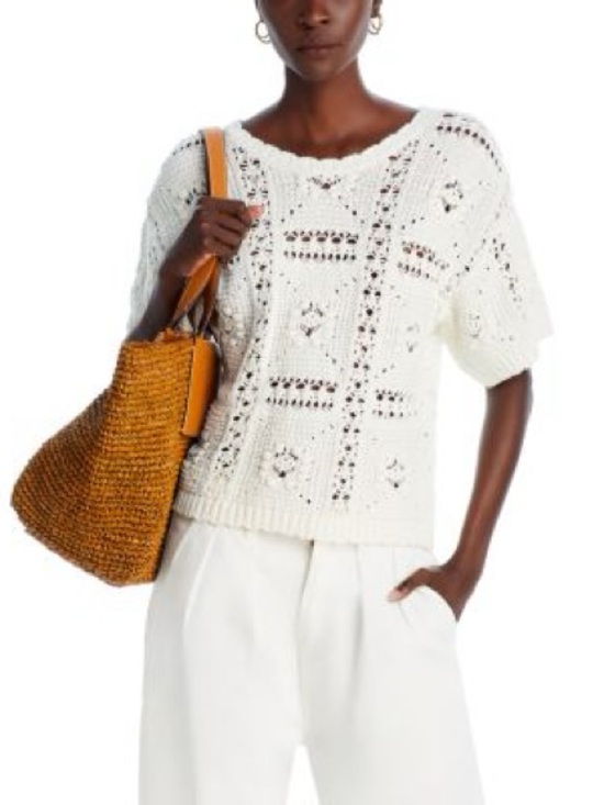 Aqua Tops - Aqua Open-Knit Short Sleeve Sweater Top in White